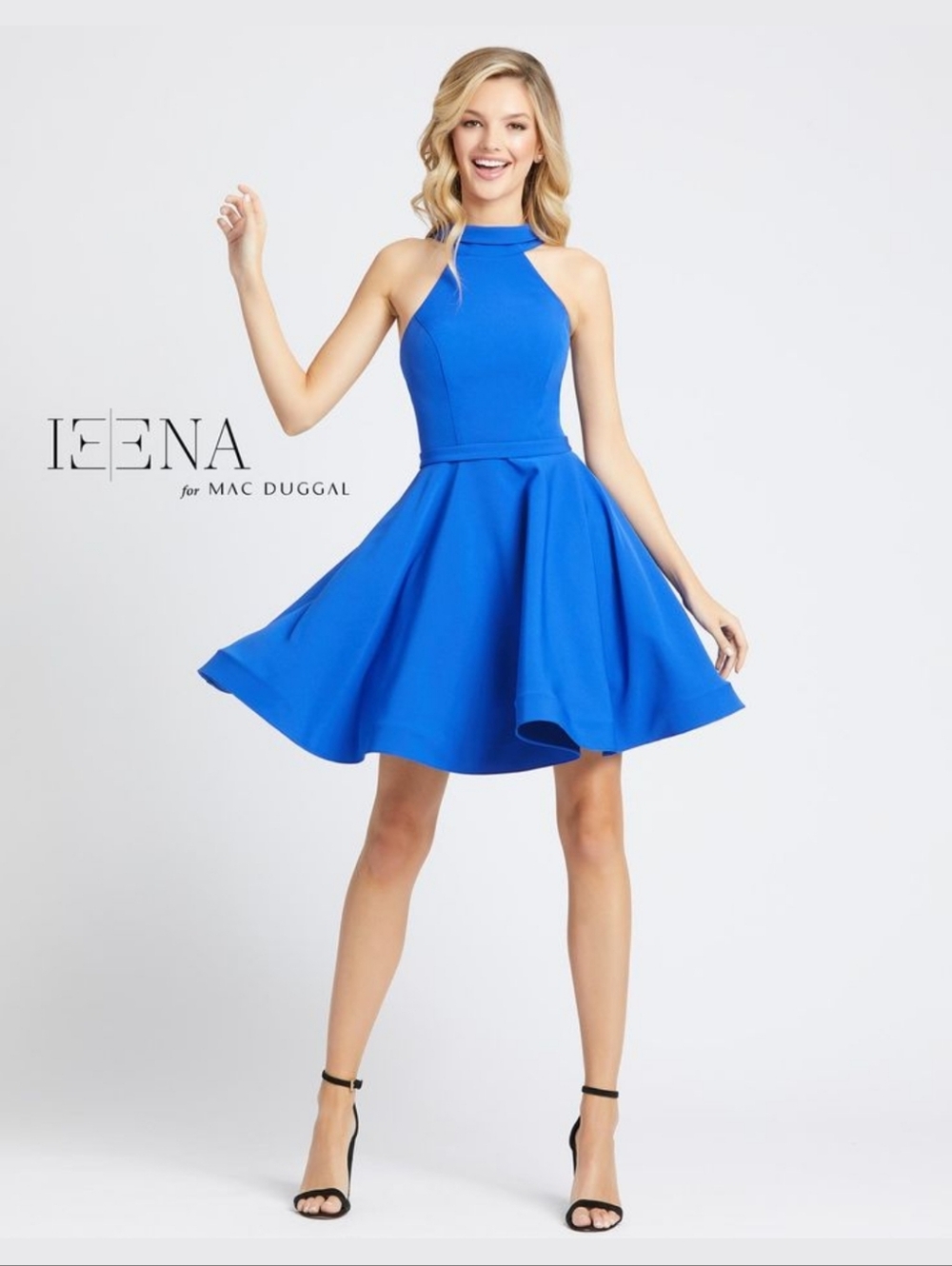 Mac Duggal Cobalt Blue High-Neck Fit-and-Flare Mini Dress